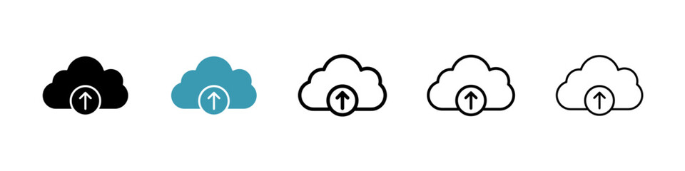 Cloud upload vector icon set in black and blue colors.