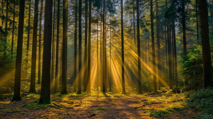 Obraz premium A serene forest scene during what appears to be early morning or late afternoon. Sunlight pierces through the dense canopy of tall trees, casting a warm, golden hue over the forest floor