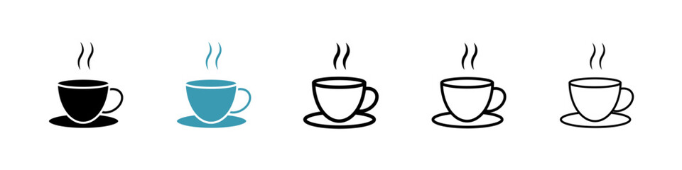 Coffee vector icon set in black and blue colors.