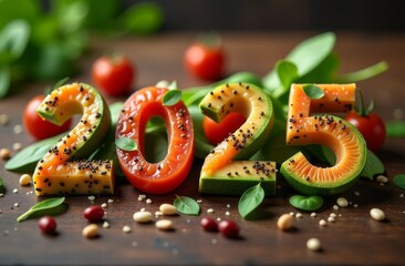Celebrating new year 2025 with healthy food habits. 2025 from vegetables. Close-up