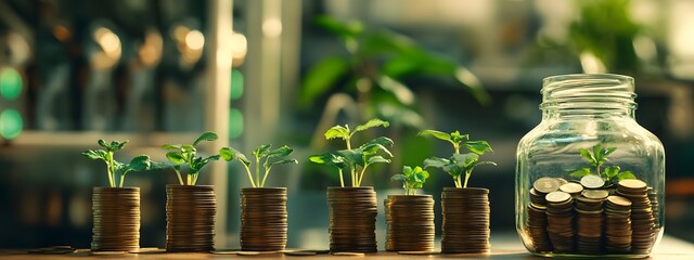 Artistic representation of money growth with coins and plant growing from jar, concept of financial success or wellness on green bokeh background