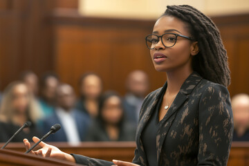 Confident African-American female lawyer in a modern courtroom, presenting arguments in front of a jury.