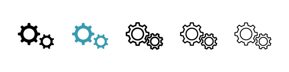 Gears vector icon set in black and blue colors.