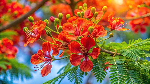 Bird's eye view of brilliant red flowers of Poinciana tree