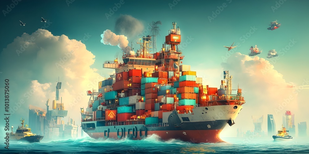 Poster futuristic cargo container ships with towering steel superstructures showcasing cutting edge automat