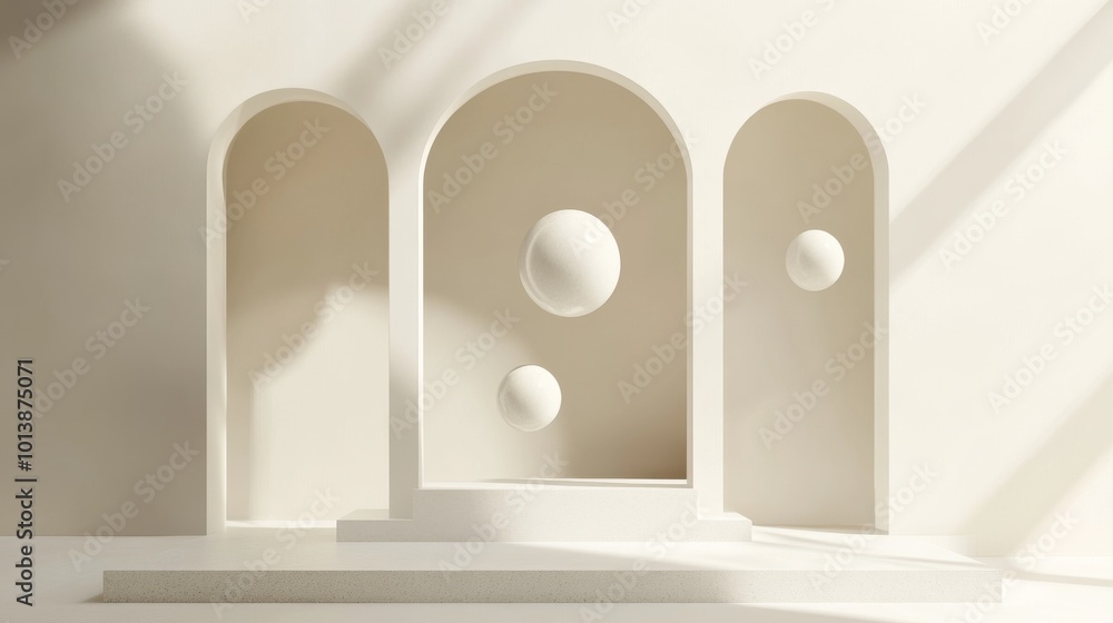 Poster minimalist architecture with floating spheres, modern art concept