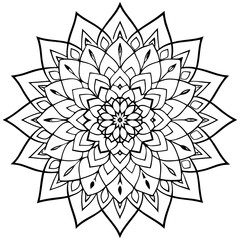 Symmetrical Black Line Art Mandala with Detailed Floral and Geometric Patterns