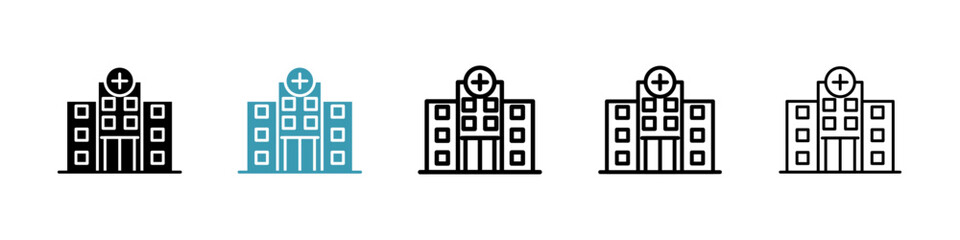 Hospital vector icon set in black and blue colors.