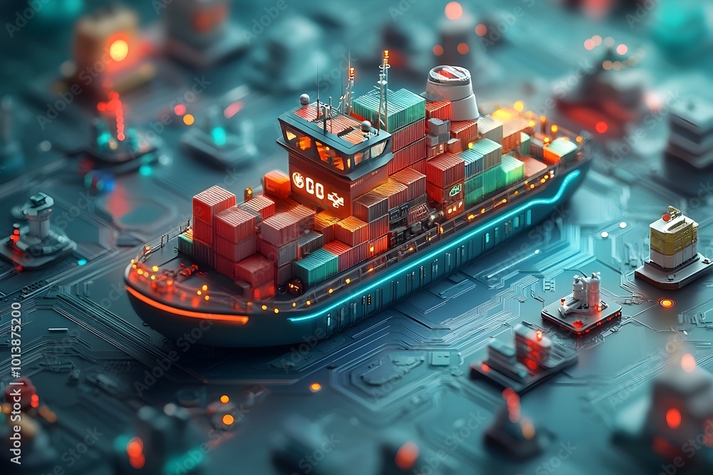 Poster futuristic autonomous and intelligent cargo container ships navigating a complex web of worldwide da