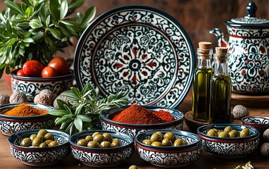 Fototapeta premium Mediterranean cuisine: ceramic dishes with olives, spices, and olive oil