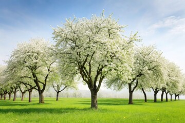 Naklejka premium Birds eye view of spring apple trees in various sizes on white background