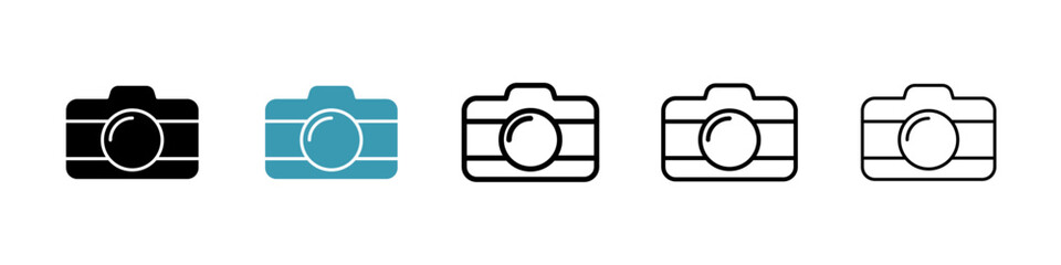 Photo Camera vector icon set in black and blue colors.