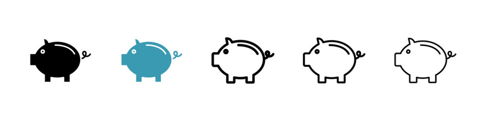 Piggy bank vector icon set in black and blue colors.
