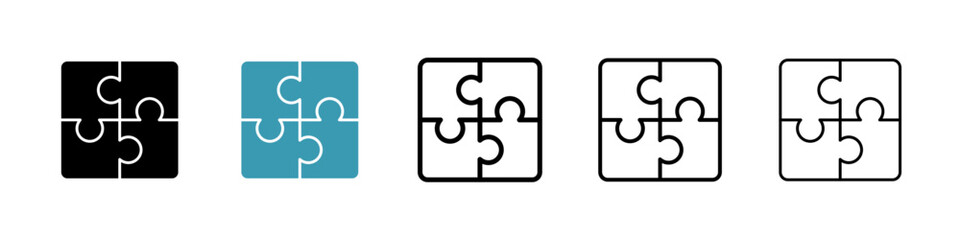 Puzzle piece vector icon set in black and blue colors.