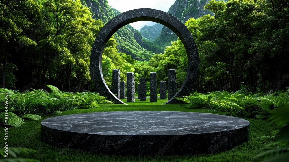 Poster serene forest clearing with circular stone structure