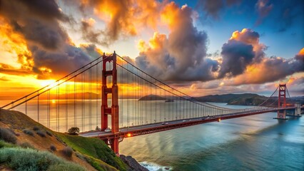 Obraz premium Bird's eye view panorama of Golden Gate Bridge during sunset in San Francisco, California