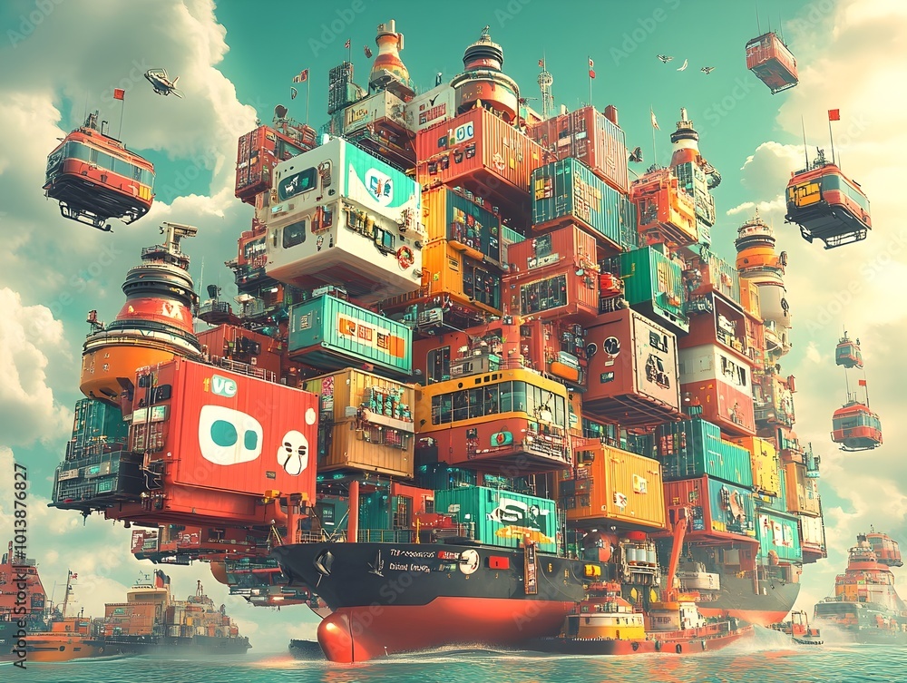 Poster futuristic autonomous cargo port with towering cyberpunk inspired industrial structures employing pr
