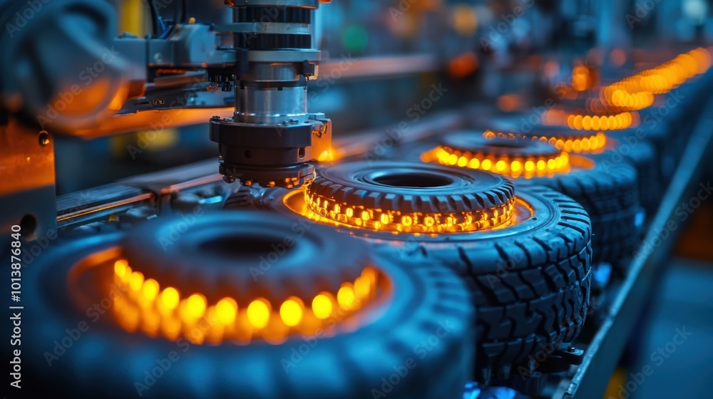 Poster automated manufacturing of tires in a high-tech factory setting