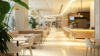A contemporary food court with light beige tones and minimalist furniture in a shopping mall, presenting a spacious, uncluttered dining area without people.