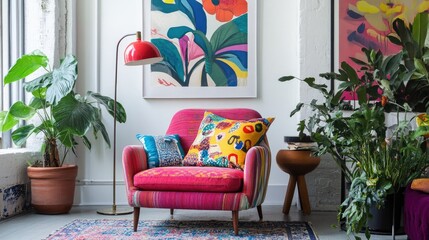 A colorful midcentury-style armchair pops against a white wall in a living room filled with vibrant decor, vintage lighting, and stylish design elements creating an inviting atmosphere.