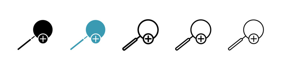 Zoom in vector icon set in black and blue colors.