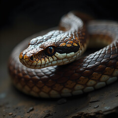 Fototapeta premium Close-Up of Stunning Snake with Intricate Scales and Striking Coloration, Coiled Elegantly with Raised Head and Piercing Gaze, Set Against Dark Blurred Background for Captivating Visual Contrast