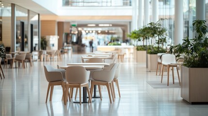 Fototapeta premium A simple, modern food court in a shopping mall with light beige tones, minimalist seating, and contemporary decor, creating an open, serene space with no people.