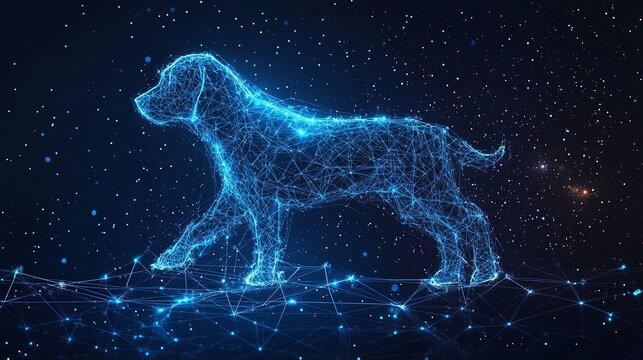 A dog figure represented in digital form with star-like connections, set amidst a cosmic scene, embodies a blend of futuristic themes and abstract ideas.