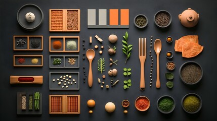 Artfully composed plate displaying an international medley of diverse culinary ingredients and eating instruments captured in a crisp