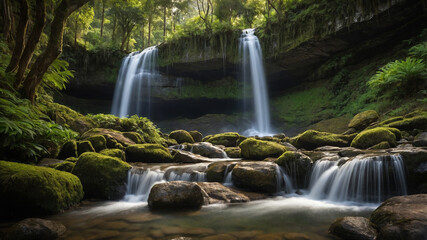 Obraz premium Enchanting dual waterfall cascading serenely into a rocky stream in a lush, verdant forest landscape.