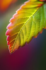 Close up macro photo of colorful leaf with vibrant green, yellow, and red tones