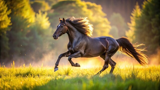 Black horse galloping in sunlight meadow macro shot