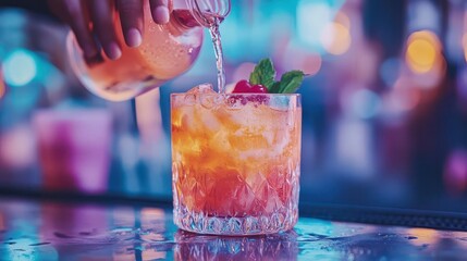 Close-up of a bartender pouring a cocktail into a glass, dynamic lighting and soft bokeh in the background, highlighting the drinkโ€s vibrant colors.