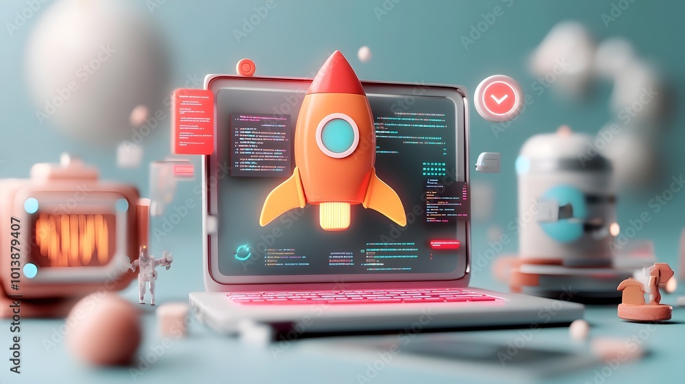 Aufkleber cutting edge 3d rendered startup imagery featuring sleek laptop device vibrant rocket icon dynamic c