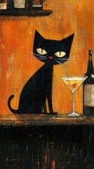 An illustration of a black cat drinking a Martini on a table