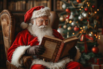 Traditional Santa Claus sitting in his arm chair next to fireplace under Christmas tree with lights and reads book in Xmas decorated living room. Christmas eve and New Year concept AI