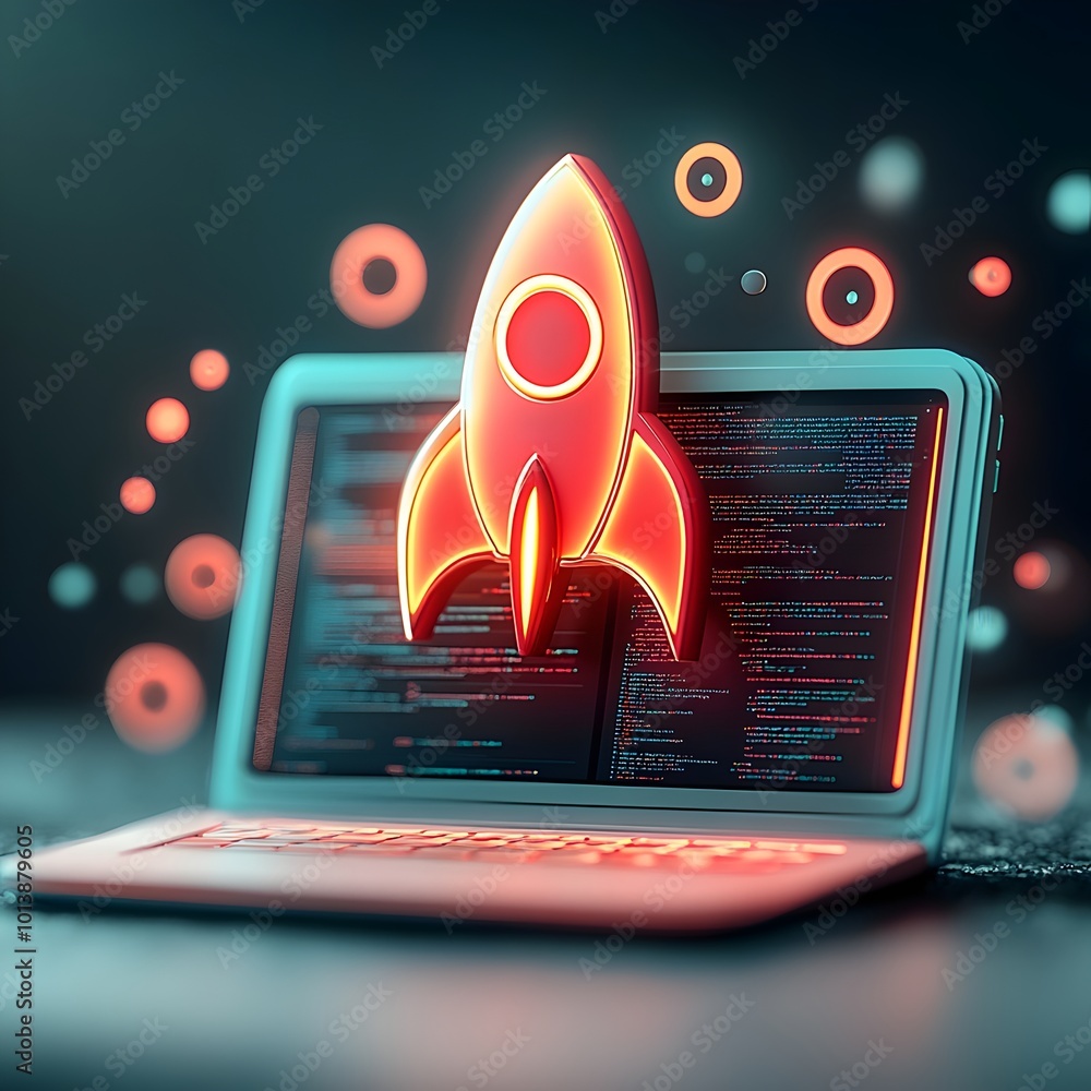 Poster cutting edge 3d visualization depicting a disruptive startup concept with a laptop device and rocket