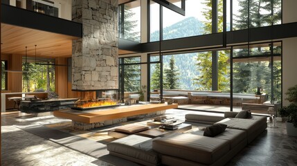 Fototapeta premium An open-concept living room with a suspended fireplace, floor-to-ceiling windows, and a mix of stone and wood finishes