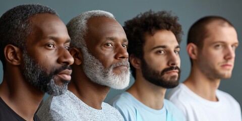 A diverse group of men of different ages and ethnic backgrounds standing in solidarity, wearing light blue ribbons for Men's Health Awareness