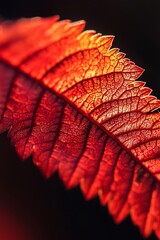 Red leaf with veins and water droplets illuminated by sunlight, macro photo