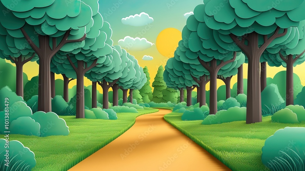 Poster Pathway lined with trees in a serene park setting Tree lined pathway in a peaceful park environment