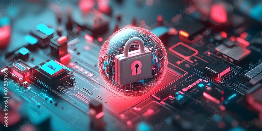 Poster a highly detailed cybersecurity concept featuring a gleaming padlock icon securing a holographic dig