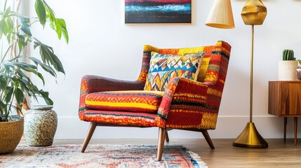 Vividly decorated midcentury living room featuring a chic colorful armchair against a stark white wall, with stylish decor elements like retro lamps, abstract art, and warm lighting.