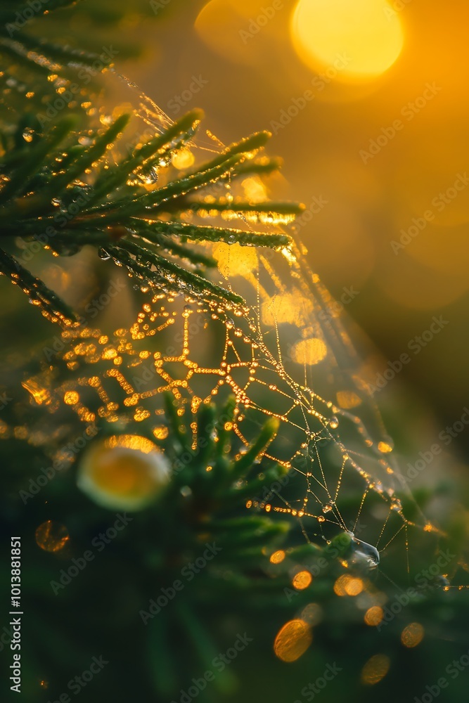 Poster closeup of dew drops on a spiderweb in the morning sun. abstract nature background with bokeh.