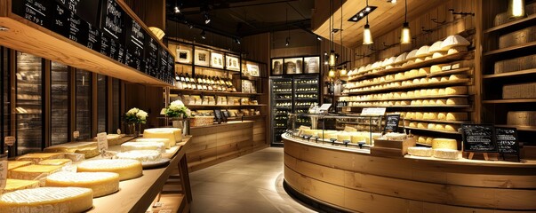 An upscale artisan cheese shop with aging cellars visible to customers, offering tasting sessions and pairings with fine wines and craft beers