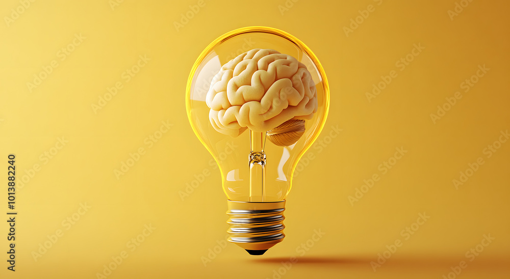 Wall mural On a yellow background, a light bulb with a brain inside symbolizes innovation and the power of ideas.