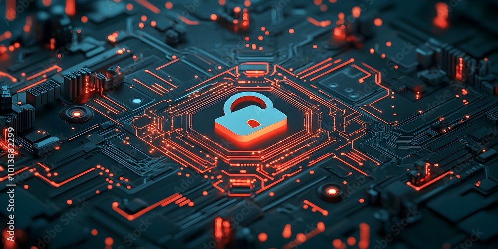 Poster intricate global cybersecurity network visualized through a circuit board design with a prominent di