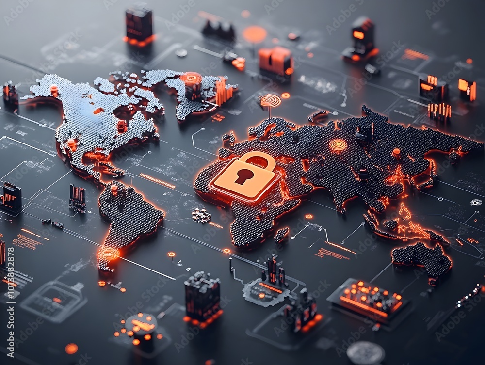 Poster cybersecurity landscape 3d rendered world map with padlock symbol abstract digital network connectio