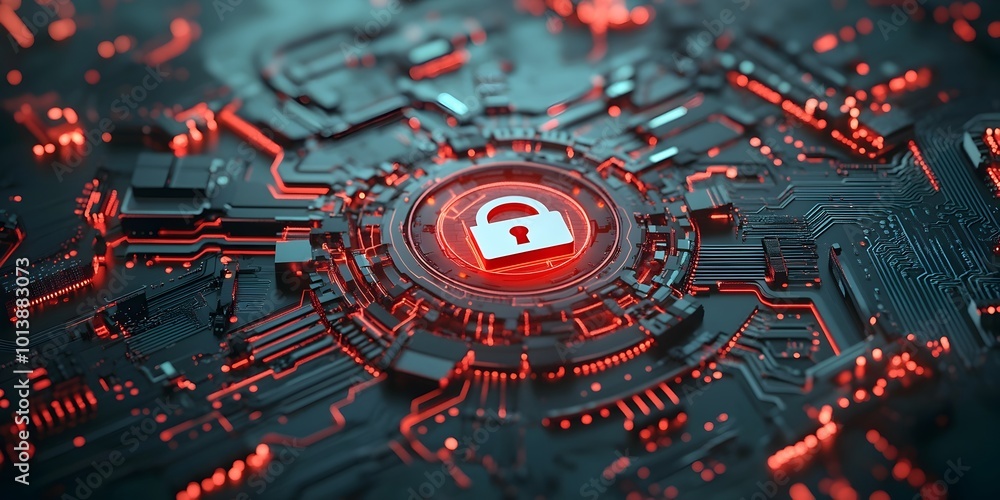 Poster intricate global cybersecurity network depicted as a complex circuit board design with a digital pad