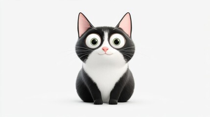 Adorable black and white animated cat sitting upright with big eyes and a cute expression against a plain white background.